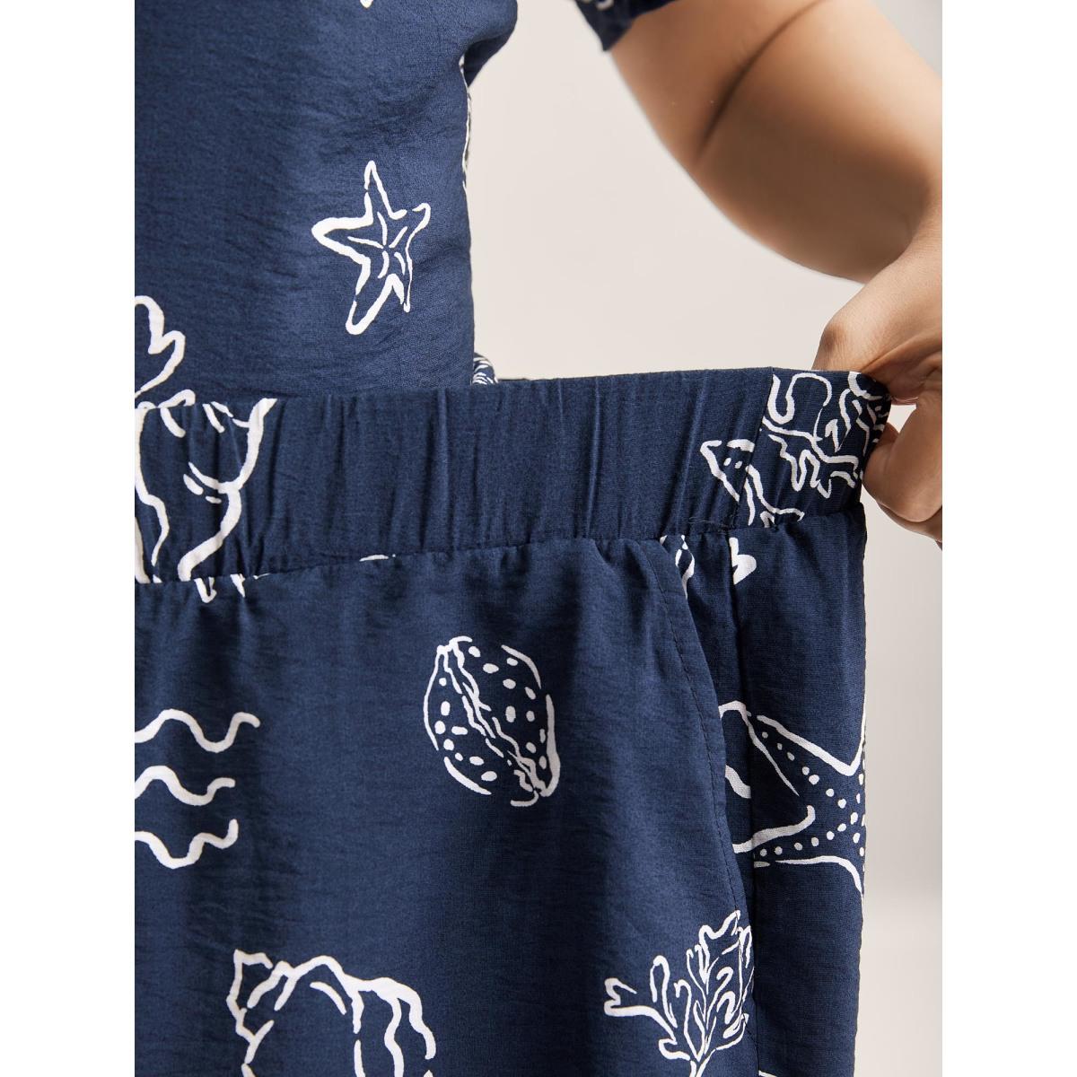 Plus Size Seashore Print Lounge Co-Ord Set Women Indigo Non Short sleeve V-neck Loungewear Sets BloomChic 10/M Product Image