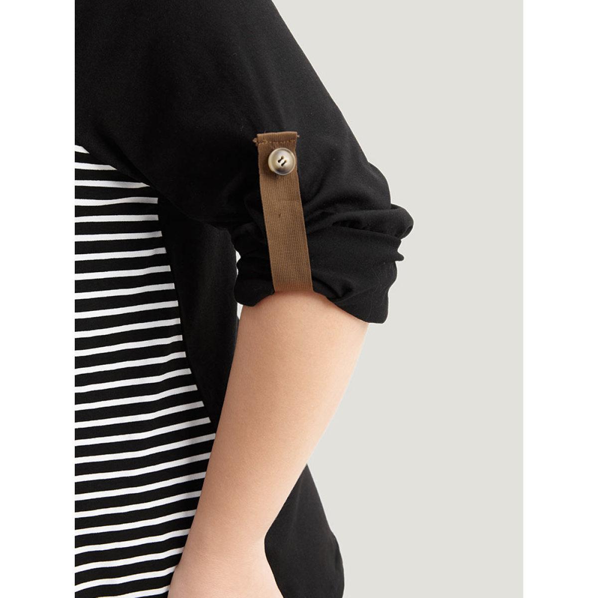 Plus Size Striped Patched Pocket Button Detail T-shirt Black Women Casual Patchwork Striped Hooded Dailywear T-shirts BloomChic 30/6X Product Image