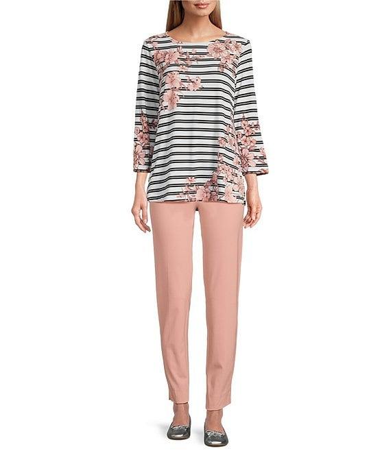 Multiples Stretch Placement Floral Stripe Boat Neck 3/4 Sleeve Fitted Top Product Image