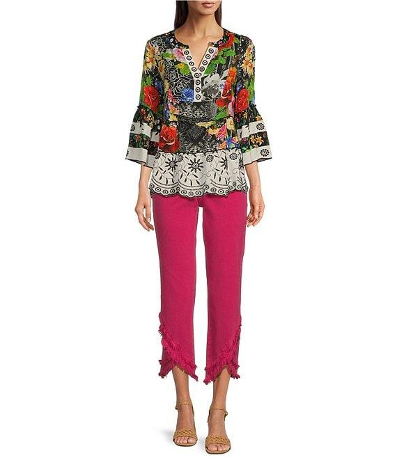 John Mark Y-Neck 3/4 Sleeve Embroidered Flounce Hem Blouse Product Image