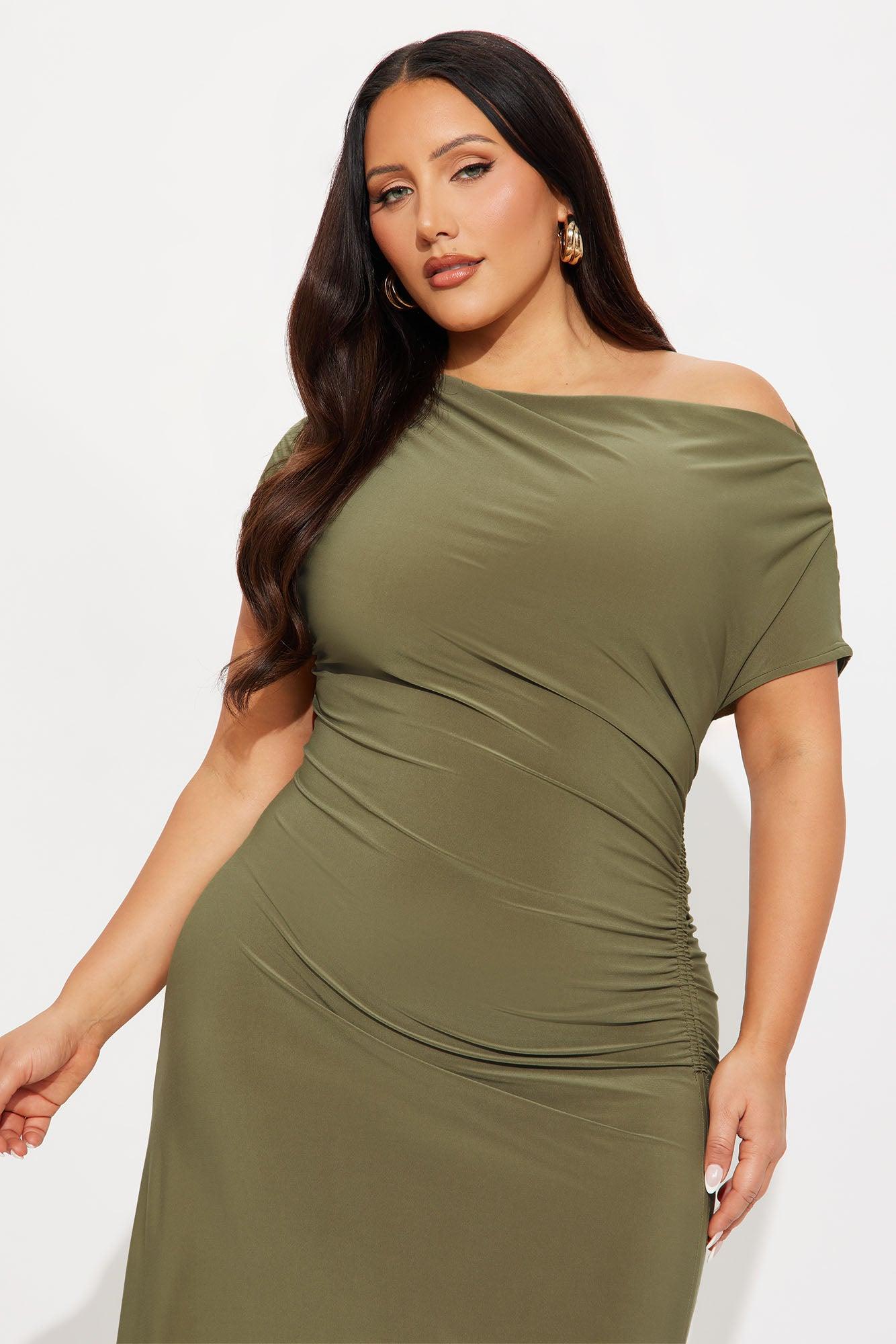 Alexia Asymmetrical Ruched Midi Dress - Olive Female Product Image