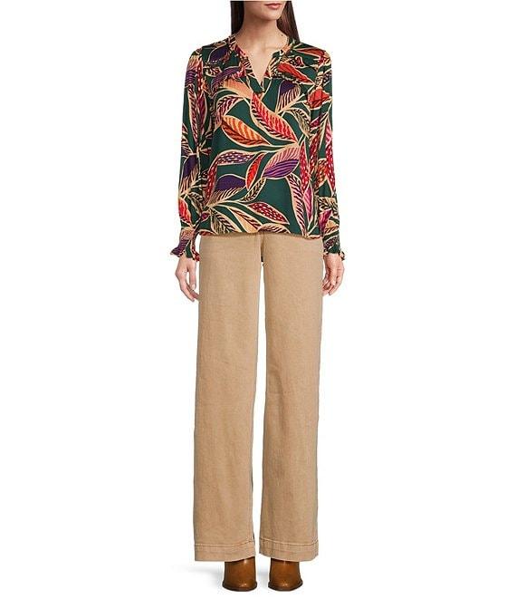 Democracy Woven Leaf Print Double Ruffle Yoke Notch V-Neck Long Sleeve Top Product Image