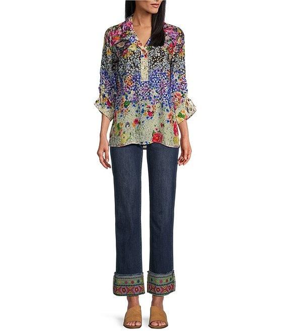 John Mark Floral-Printed Wire Collar 3/4 Sleeve Button-Front Top Product Image