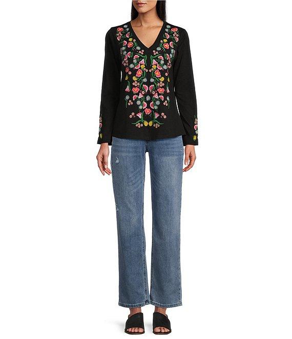 Reba Knit Jersey Floral Embroidered V-Neck Long Sleeve T-Shirt Product Image