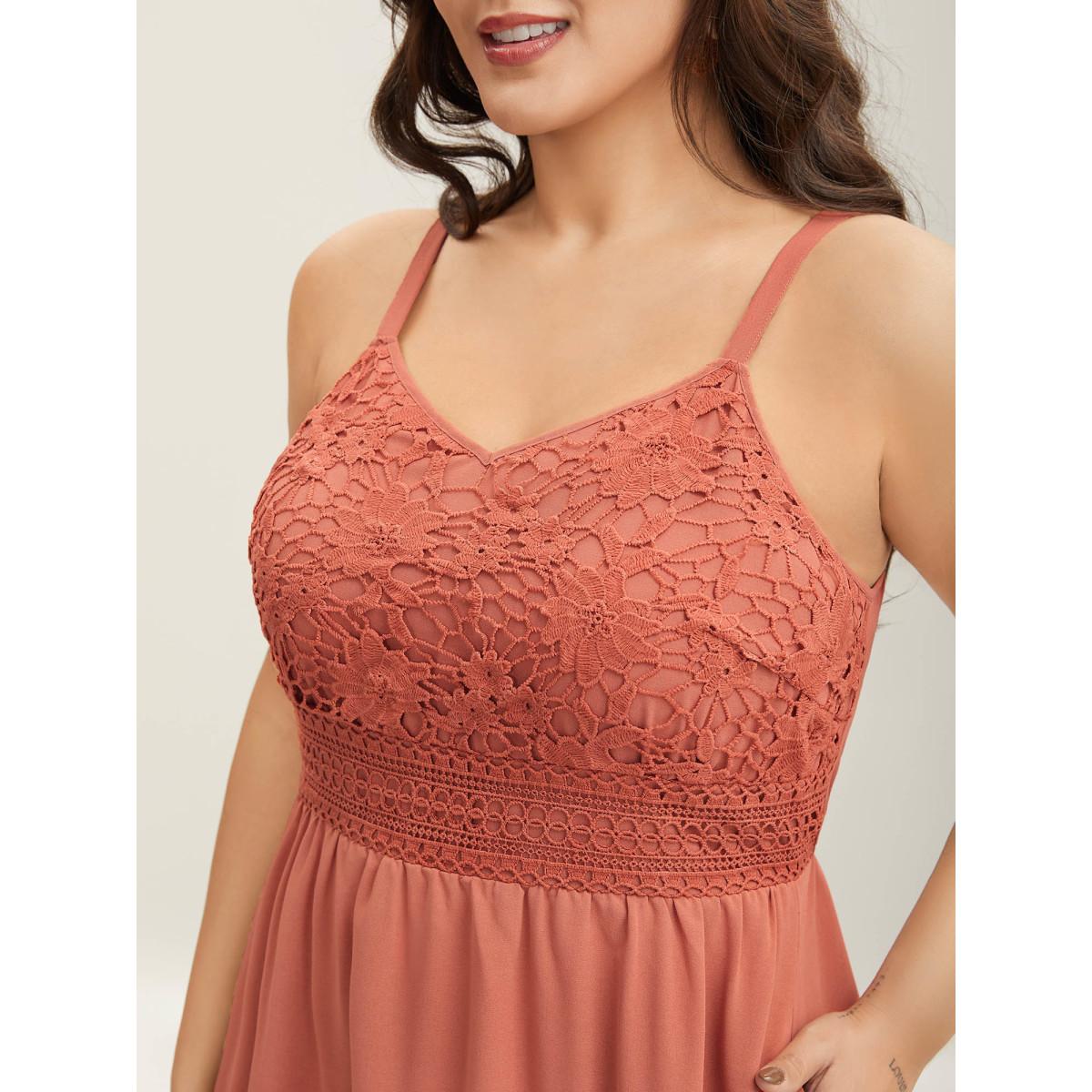Plus Size Lace Patchwork Stretchy Waist Midi Dress Coral Women V-neck Sleeveless Curvy BloomChic 28/5X Product Image