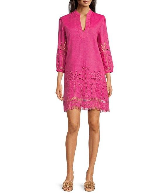 J.McLaughlin Woven Eyelet Split V-Neck 3/4 Sleeve Dress Product Image