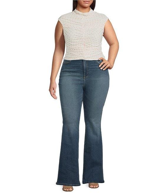 AFRM Plus Size Jolie Dotted Print Mesh Knit Ruched Mock Neck Short Sleeve Top Product Image