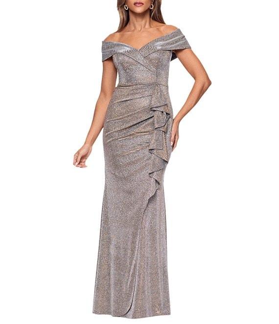 Xscape Petite Size Foil Knit Off The Shoulder Gown Product Image
