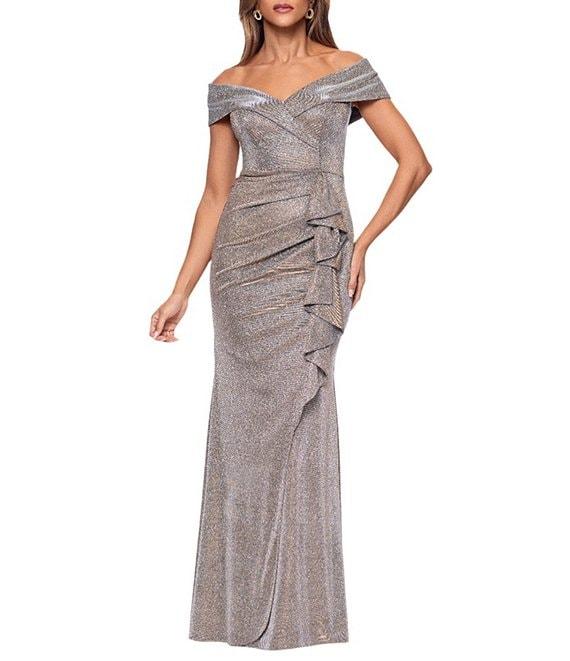 Xscape Petite Size Foil Knit Off The Shoulder Gown Product Image