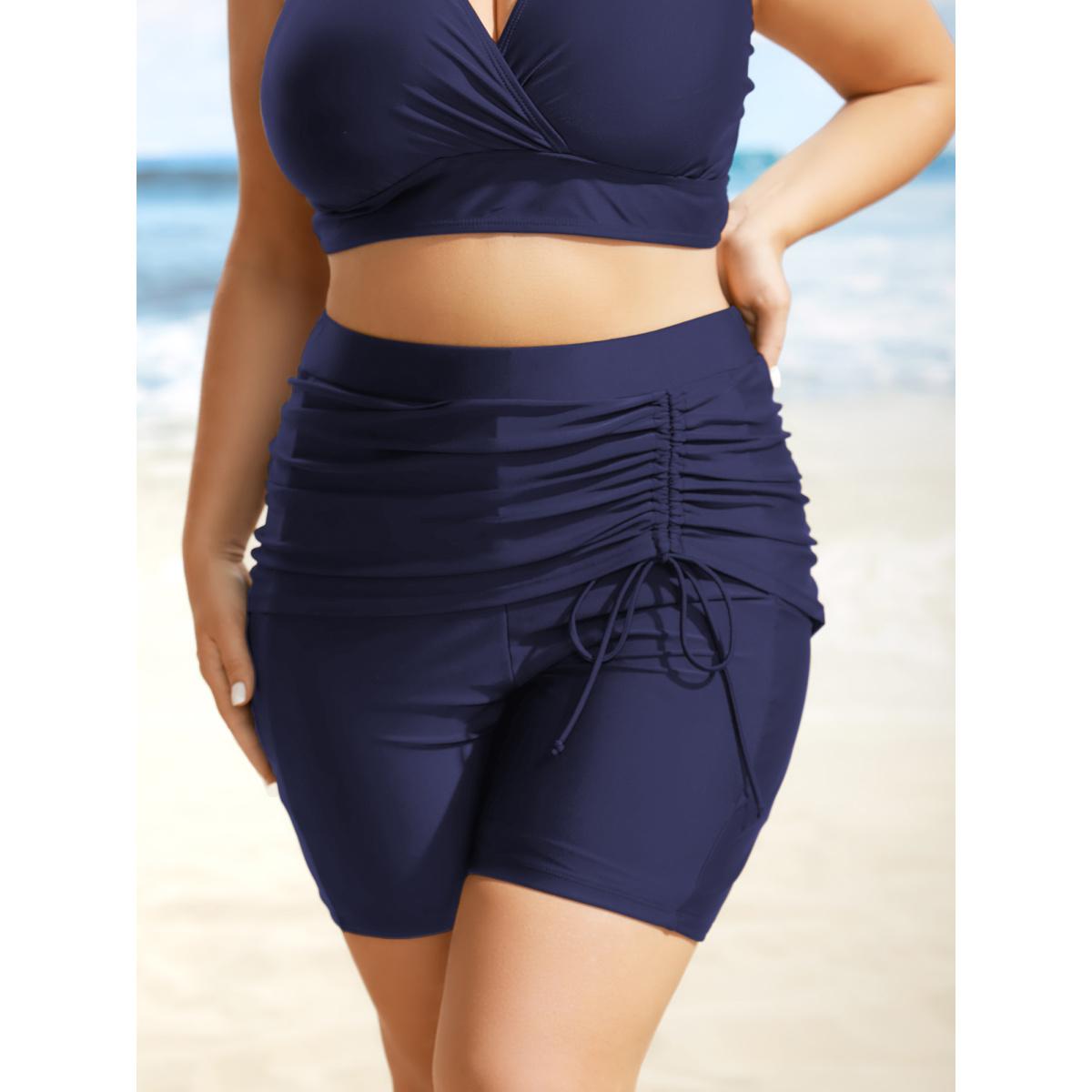 Plus Size High Rise Tiered Drawstring Gathered Swim Bottom Women's Swimwear Indigo Beach Gathered High stretch Skinny High Rise Side seam pocket Curve Swim Bottoms BloomChic 14-16/1X Product Image