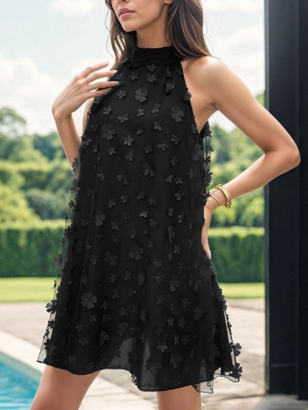 A-line Sleeveless Mesh Solid Color Split-Joint Three-Dimensional Flower Halter-Neck Mini Dresses Product Image