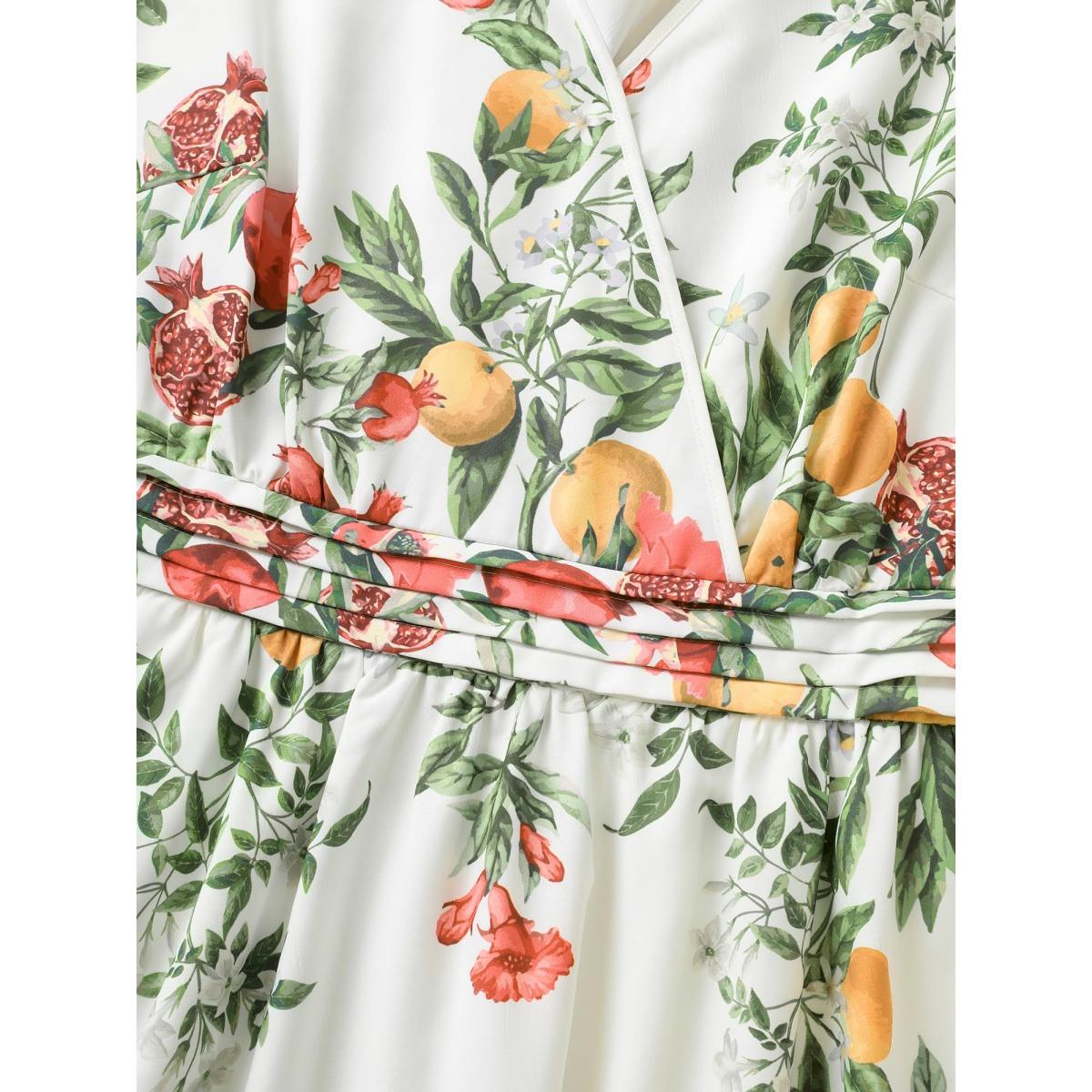 Plus Size Citrus Fruit Print Surplice Neck Pleated Dress White Women Elegant Overlapping Overlap Collar Short sleeve Curvy BloomChic 10/M Product Image
