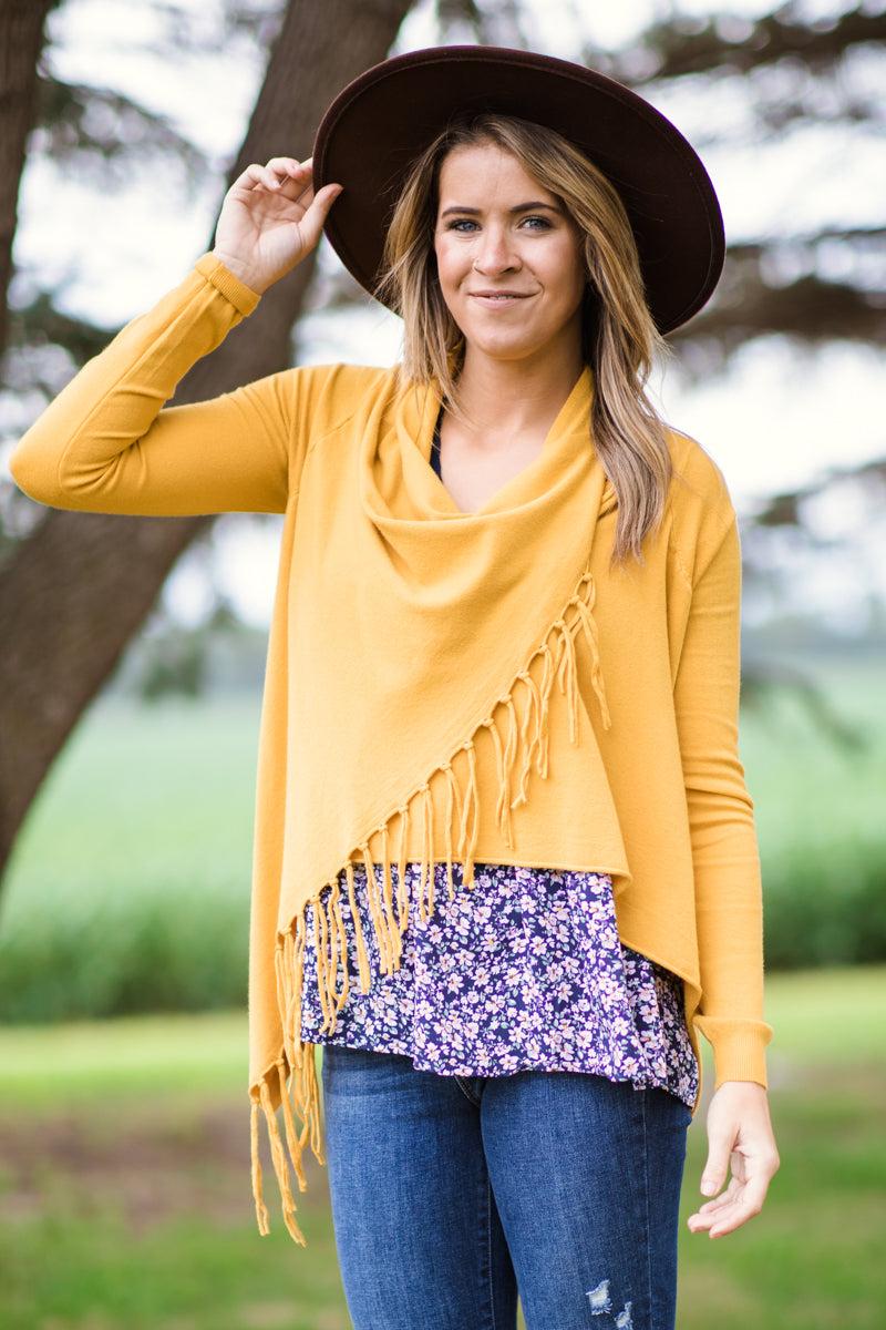 Mustard Fringe Trim Cardigan Product Image