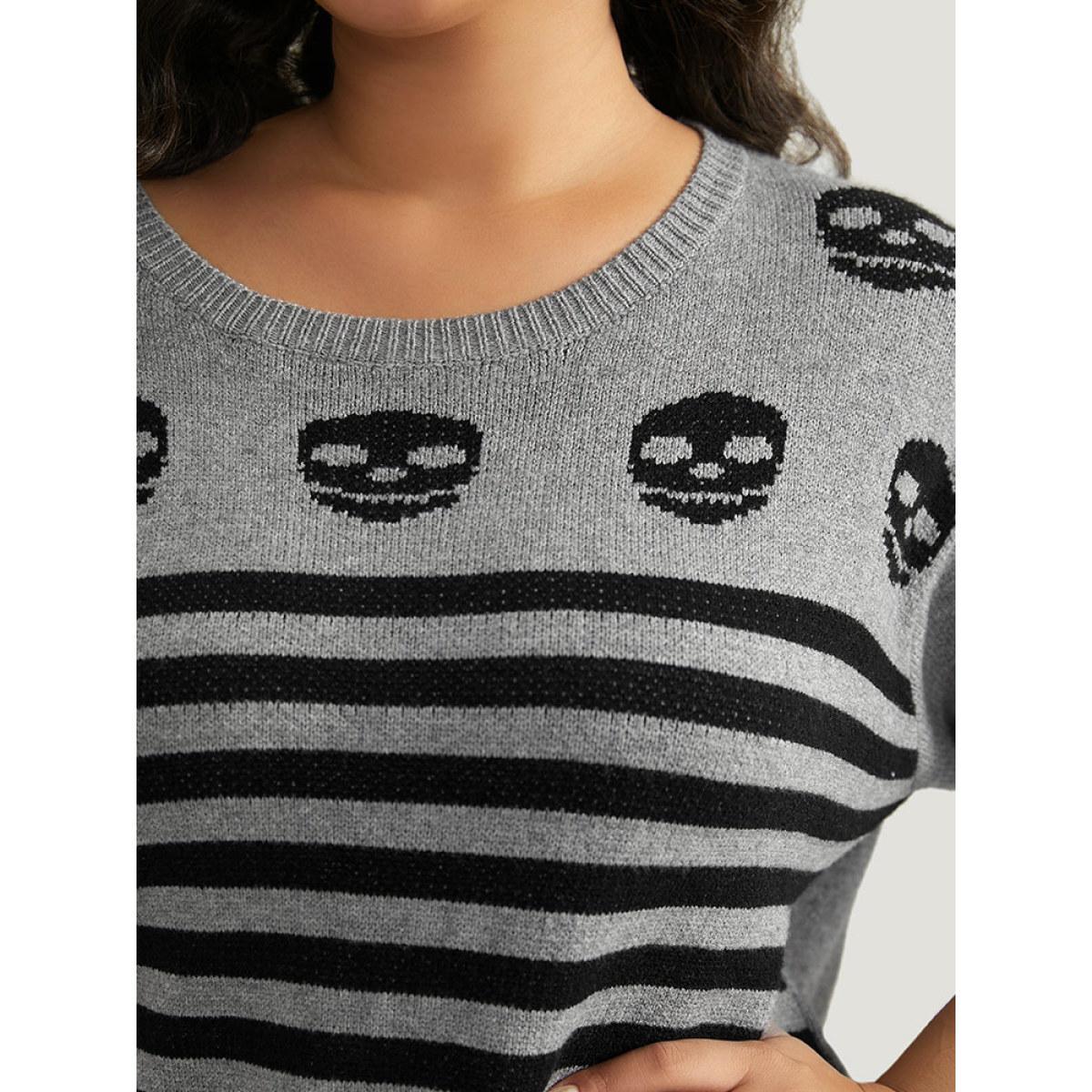 Plus Size Halloween Supersoft Essentials Skull Print Striped Round Neck Pullover DarkGray Women Casual Long Sleeve Round Neck Festival-Halloween Pullovers BloomChic 26/4X Product Image