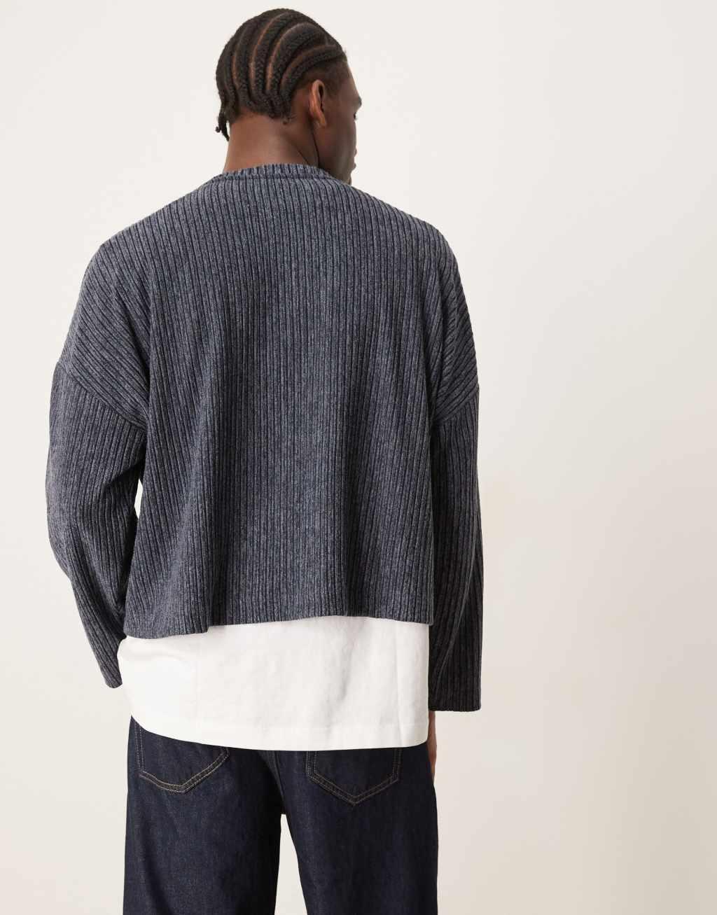 ASOS DESIGN super oversized cropped long sleeve t-shirt with henley neck in ribbed gray heather Product Image