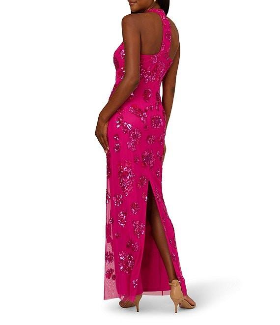 Adrianna Papell Beaded Mesh Halter Neck Sleeveless T-Back Column Dress Product Image