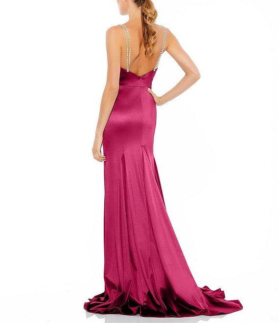 Mac Duggal Charmeuse Rhinestone Strap Scoop Neckline Trumpet Gown Product Image