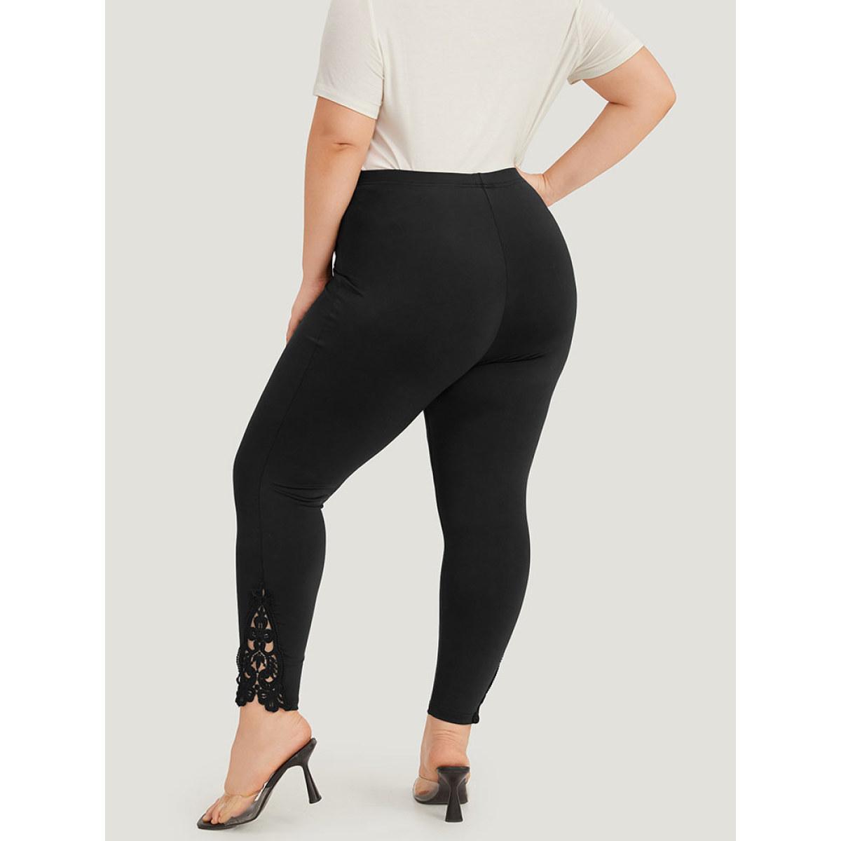 Plus Size Plain Lace Panel Skinny Elastic Waist Leggings Women Black Elegant High stretch Skinny High Rise Dailywear Leggings BloomChic 26/4X Product Image