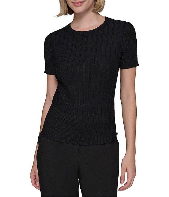 KARL LAGERFELD PARIS Knit Crew Neck Short Sleeve Ribbed Sweater Product Image