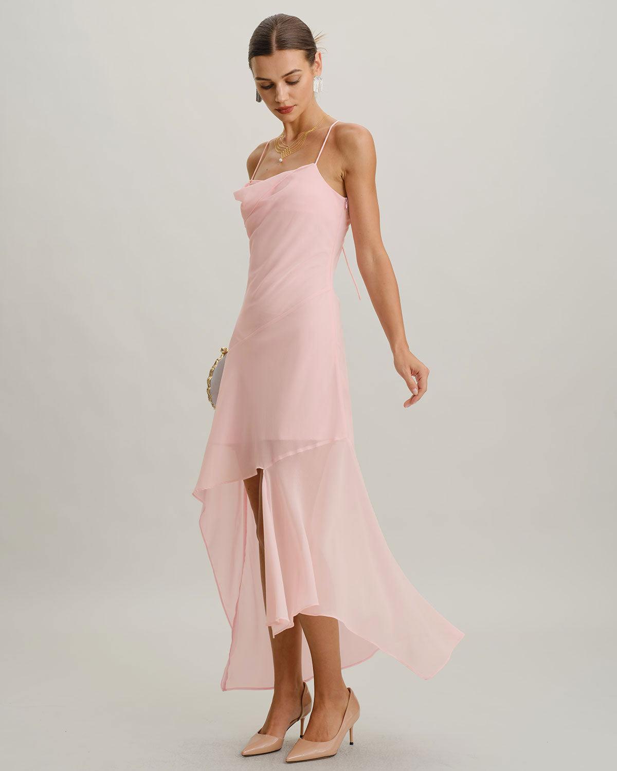 Pink Chiffon A-Line Slip Midi Dress Product Image
