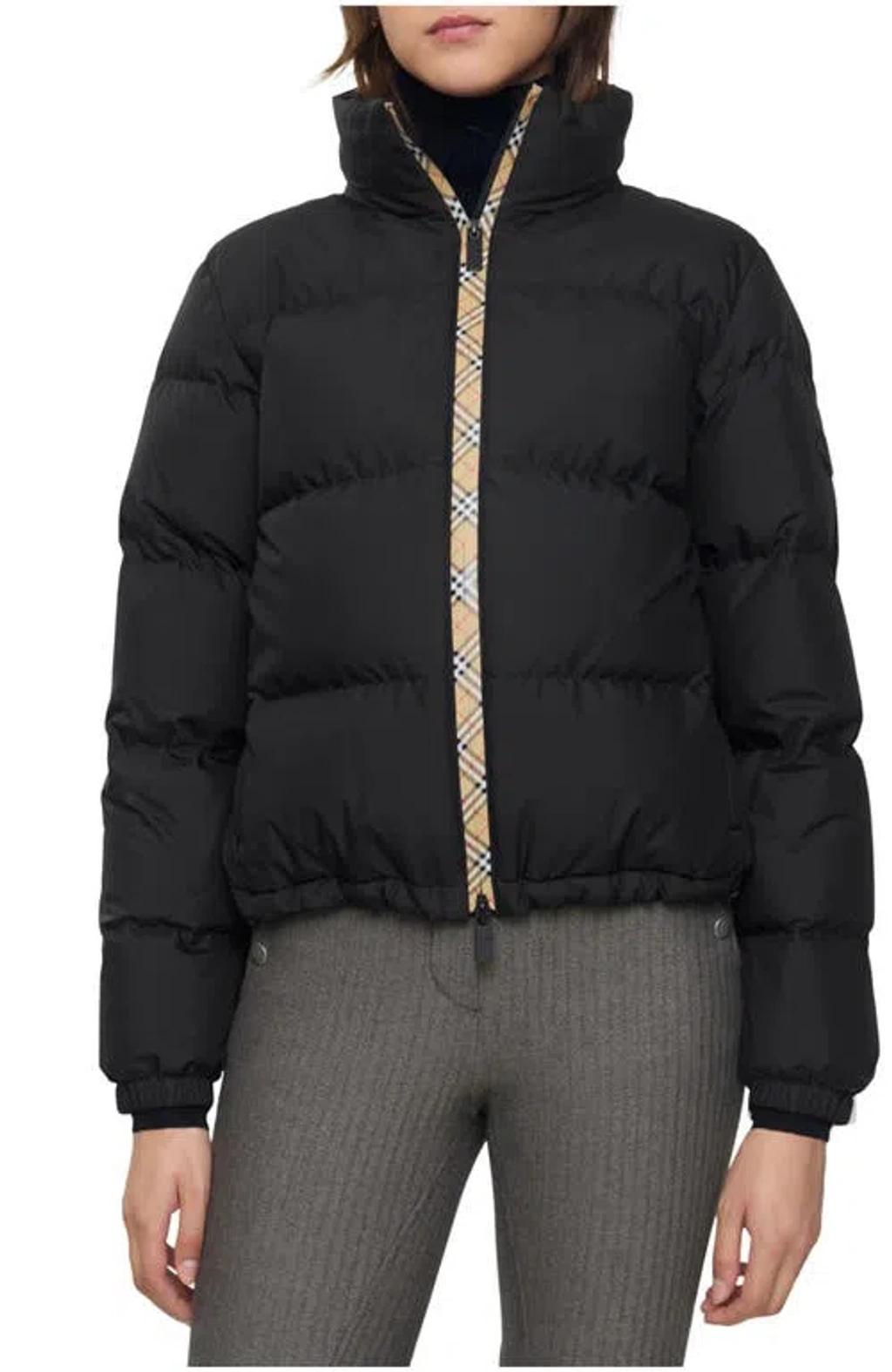 BURBERRY Zip Up Puffer Jacket Featuring Check Detail In Black Product Image