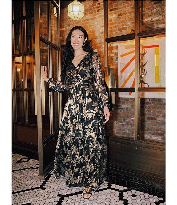 Betsy & Adam Metallic Crinkle Long-Sleeve V-Neck Floral A-Line Gown Product Image