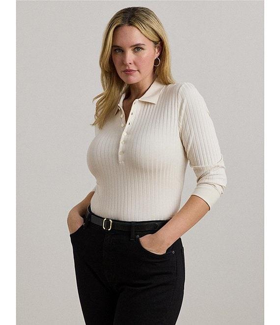 Lauren Ralph Lauren Plus Size Ribbed Knit Collar 3/4 Sleeve Polo Shirt Product Image