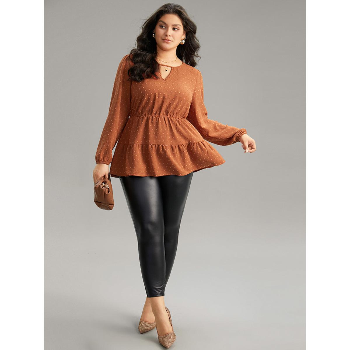 Plus Size Rust Textured Keyhole Ruffle Layered Hem Blouse Women Office Long Sleeve Keyhole Cut-Out Office Blouses BloomChic 22-24/3X Product Image