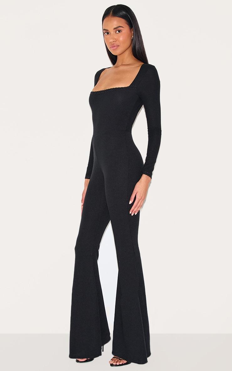 Black Ribbed Lace Trim Long Sleeve Flared Leg Jumpsuit Product Image