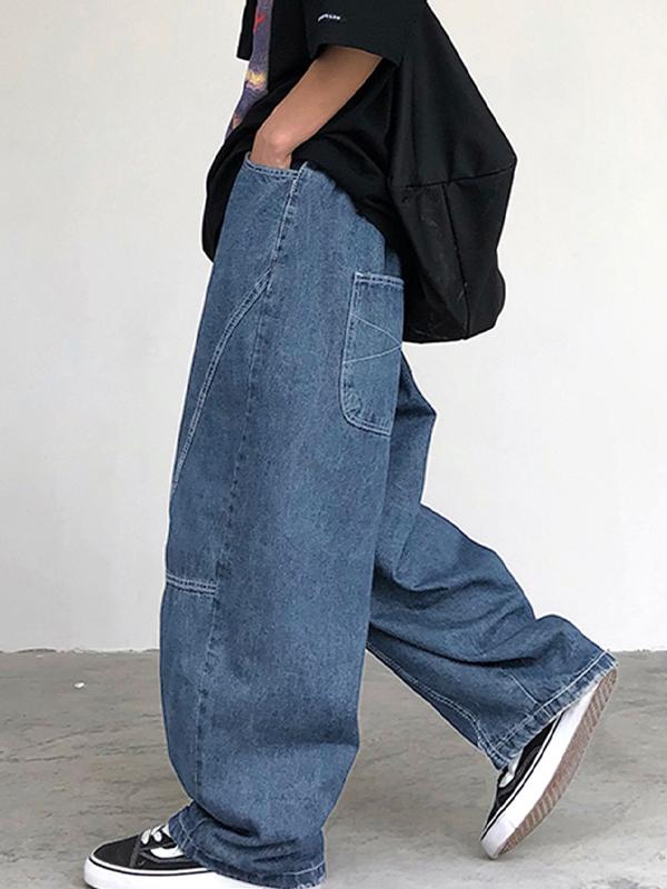 Men's Dark Patchwork Loose Jeans Product Image