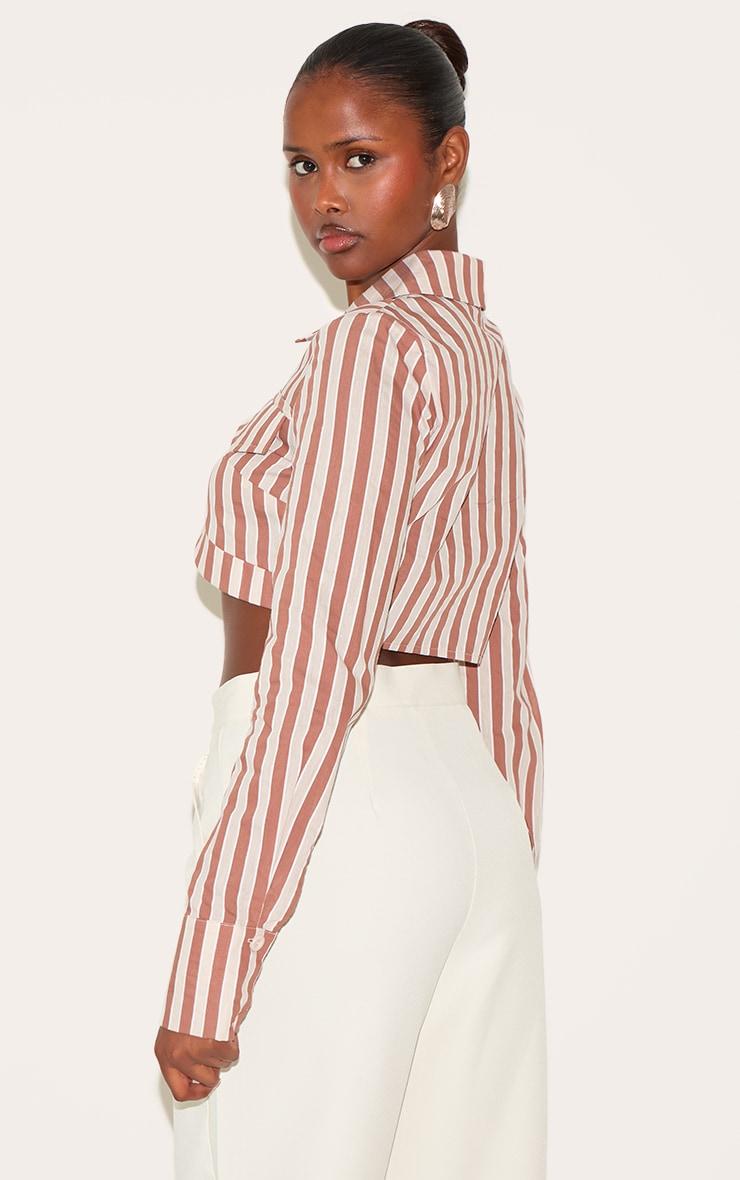 Brown Striped Curved Hem Cropped Shirt Product Image