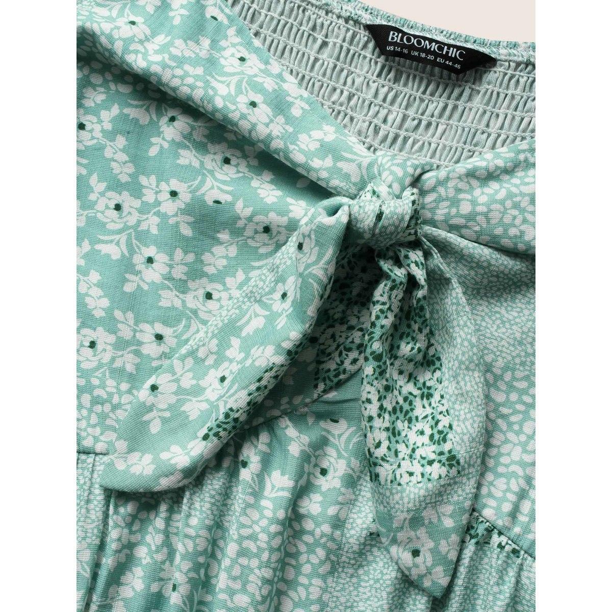 Plus Size Ditsy Floral Tie Knot Flutter Sleeve Dress Mint Women Elegant Tie knot Heart neckline Short sleeve Curvy BloomChic 22-24/3X Product Image