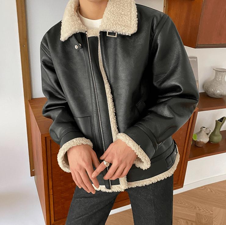 RT No. 2798 BLACK FLEECE COLLAR LEATHER JK Product Image