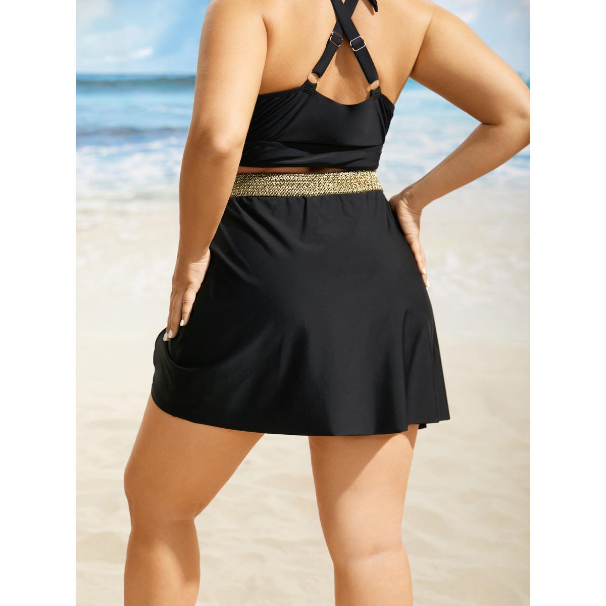Plus Size Contrast Webbing Patchwork Drawstring Gathered Swim Bottom Women's Swimwear Black Beach Woven ribbon&lace trim High stretch Skinny High Rise Side seam pocket Curve Swim Bottoms BloomChic 26/4X Product Image