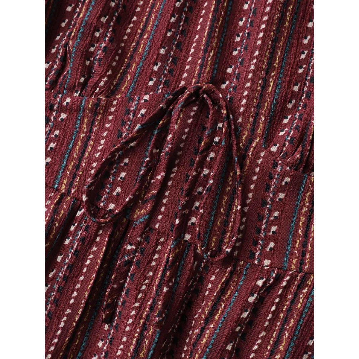 Plus Size Fall Stripes Cinched-Waist Tie Midi Dress Burgundy Women Boho Tie knot Square Neck Elbow-length sleeve Curvy BloomChic 12/L Product Image