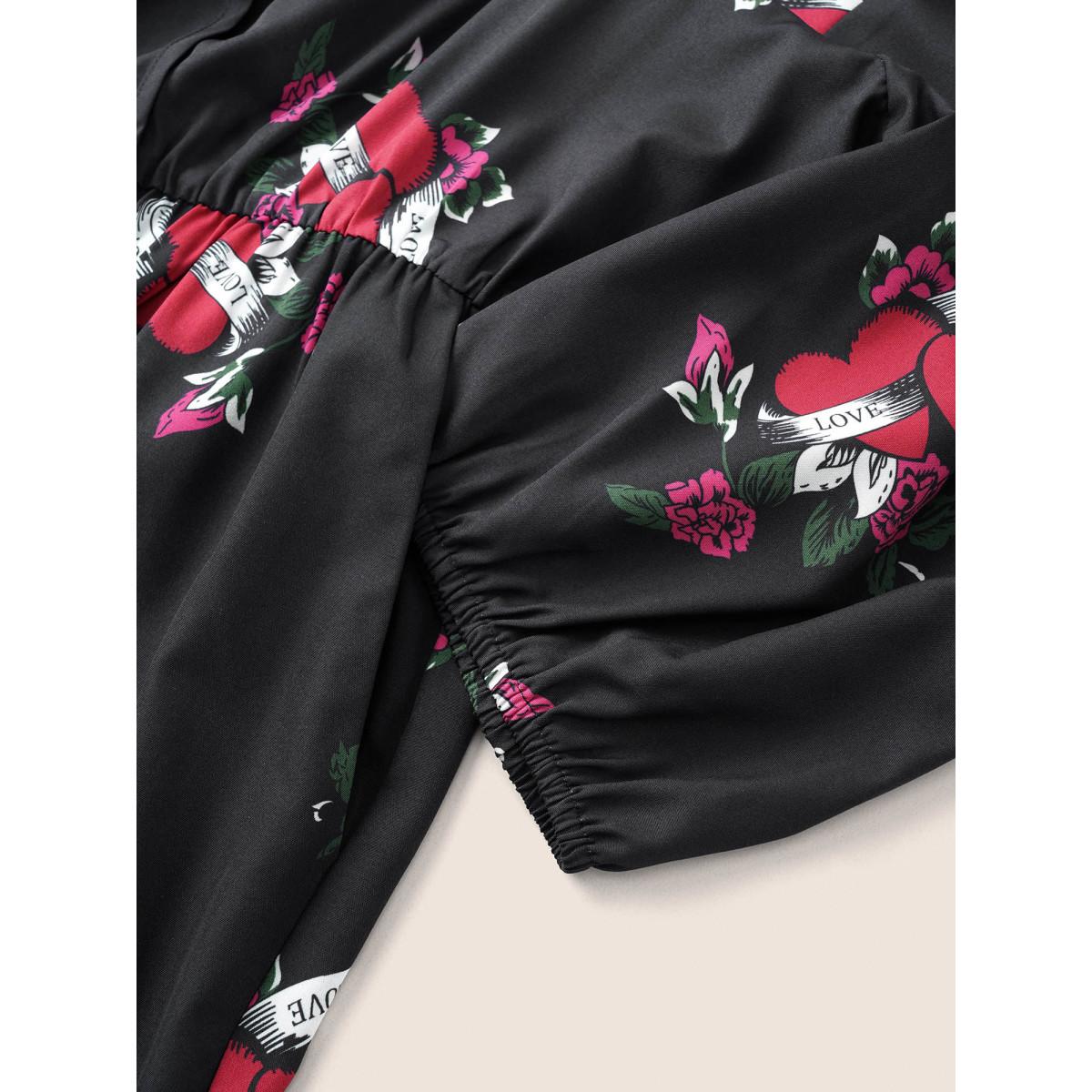 Plus Size Black Floral Elastic Waist Overlap Collar Gathered Jumpsuit Women Elegant Elbow-length sleeve Overlap Collar Everyday Loose Jumpsuits BloomChic 12/L Product Image