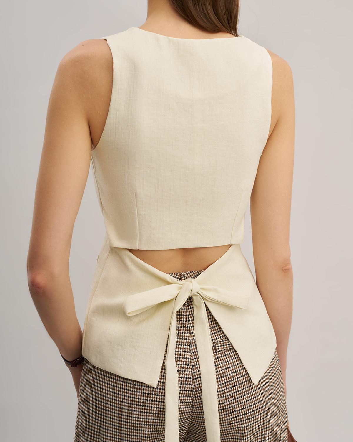 White V Neck Cutout Button Vest Product Image