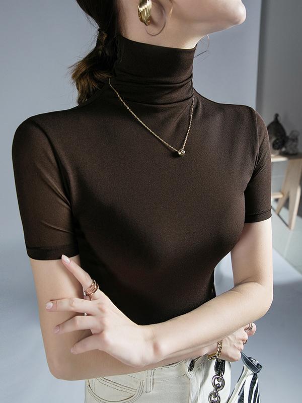 Half Sleeves Skinny Solid Color High Neck T-Shirts Tops Product Image