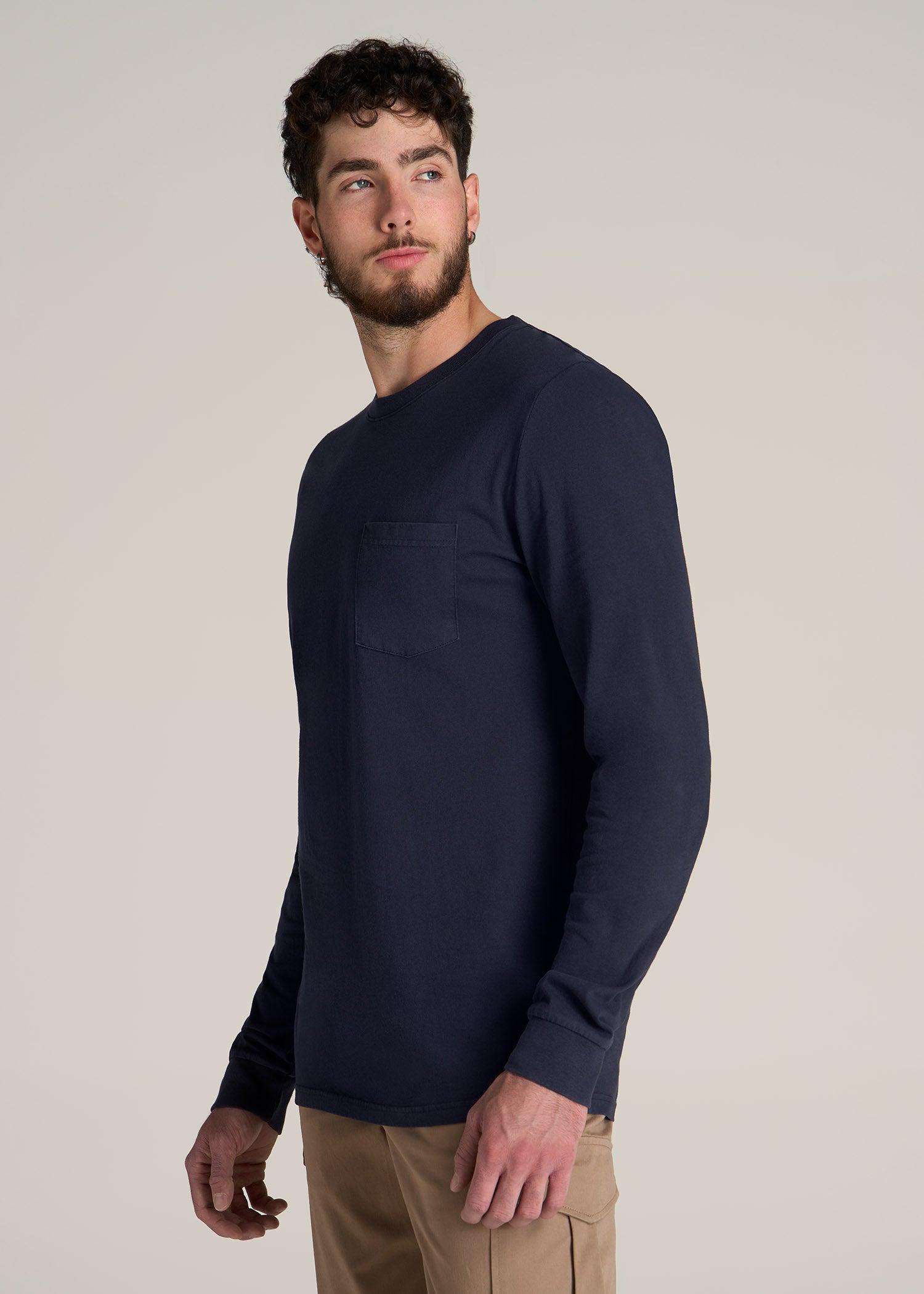 Garment Dyed Long Sleeve Pocket Tee for Tall Men in Evening Blue Male Product Image