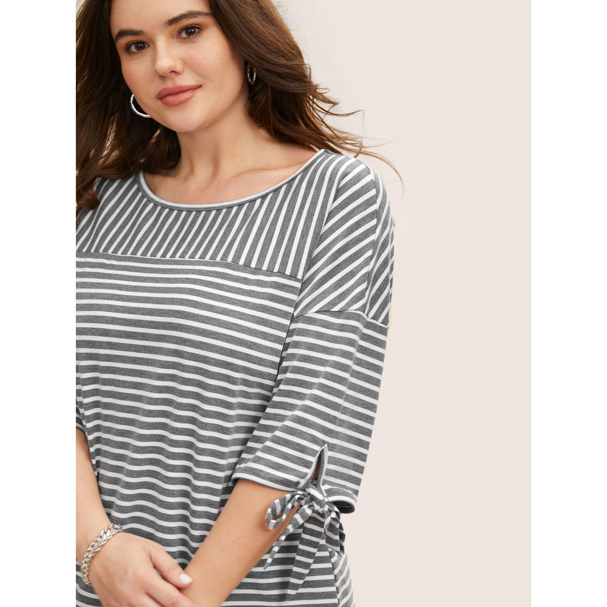 Plus Size Striped Boat Neck Tie Knot T-shirt DimGray Women Leisure Tie knot Boat Neck Casual T-shirts BloomChic 14-16/1X Product Image