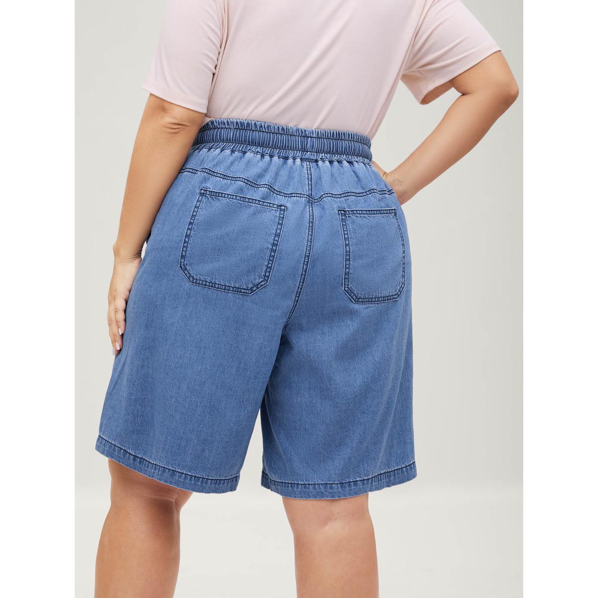 Plus Size Cotton Stretchy Waist Drawstrings Denim Shorts Women Midblue No stretch Casual Slanted pocket Leisure Denim Shorts BloomChic 20/2X Product Image
