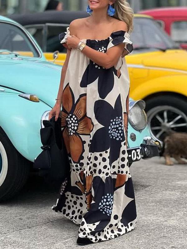 Loose Short Sleeves Flower Print Split-Joint Off-The-Shoulder Maxi Dresses Product Image