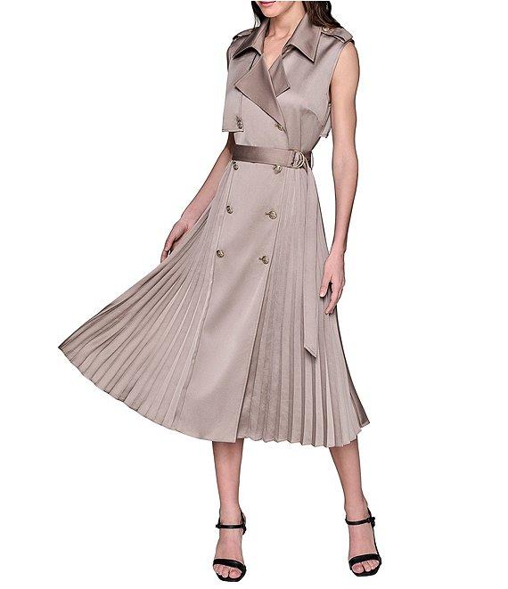 KARL LAGERFELD PARIS Satin Back Crepe Notch Collar Belted Pleated Shirt Midi Dress Product Image