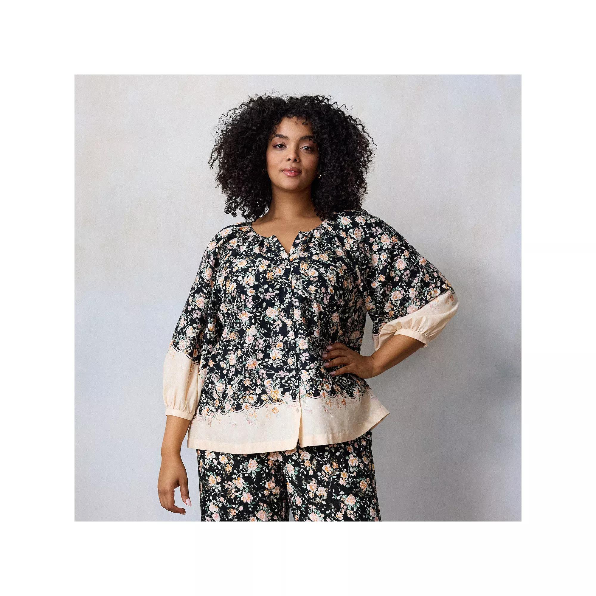 Plus Size LC Lauren Conrad Raglan Sleeve Button Front Peasant Top, Women's, Size: 1XL, Black Lizzie Border Product Image