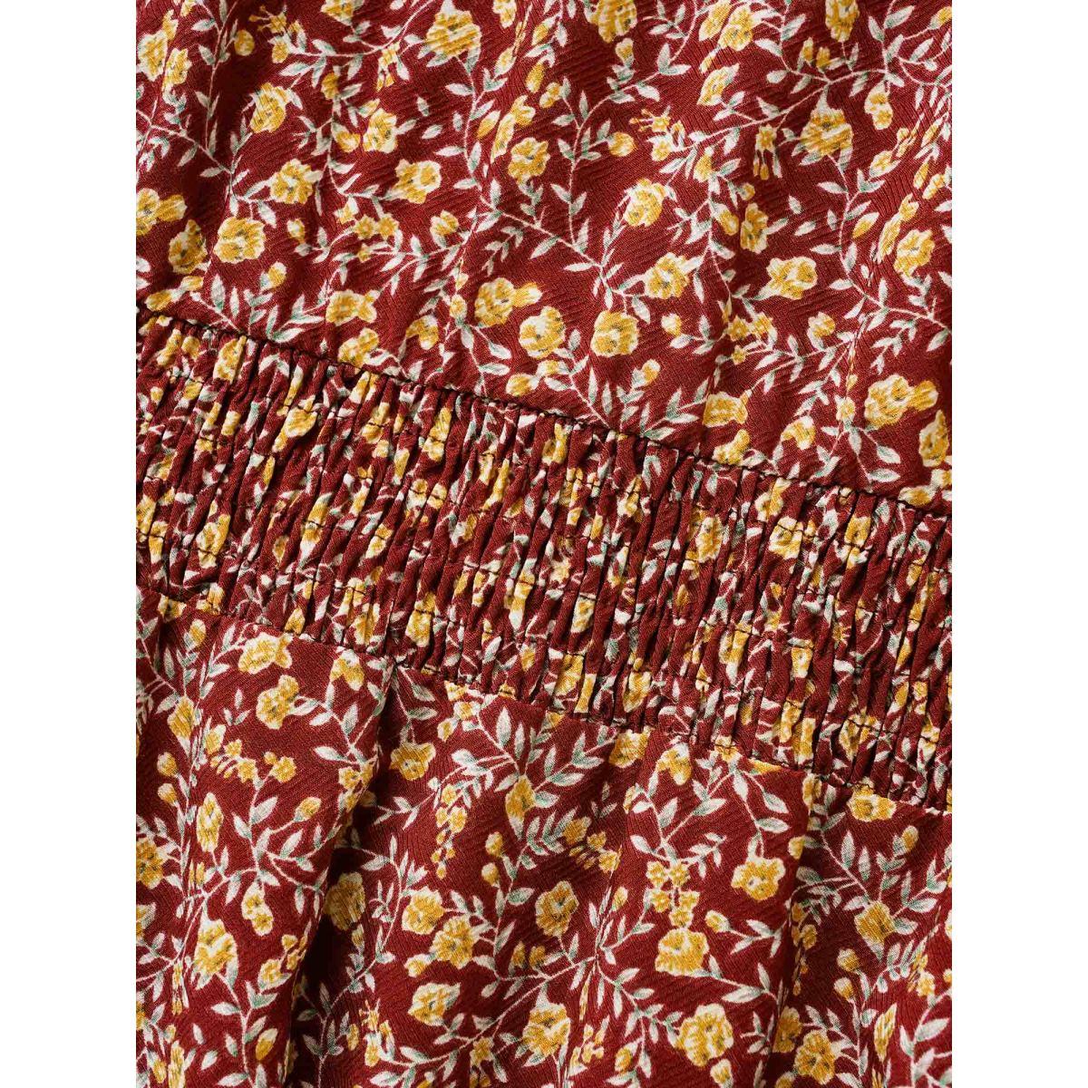 Plus Size Ditsy Floral Shirred Frill Trim Dress Burgundy Women Elegant Frill Trim Mock Neck Long Sleeve Curvy BloomChic 26/4X Product Image