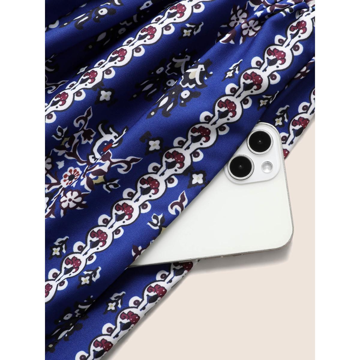 Plus Size Bandana Print Wrap Gathered Maxi Dress Navy Women Resort Belted V-neck Short sleeve Curvy BloomChic 26/4X Product Image