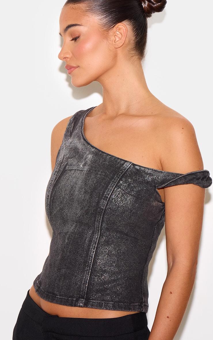Black Silver Metallic Foil Effect One Shoulder Denim Top Product Image