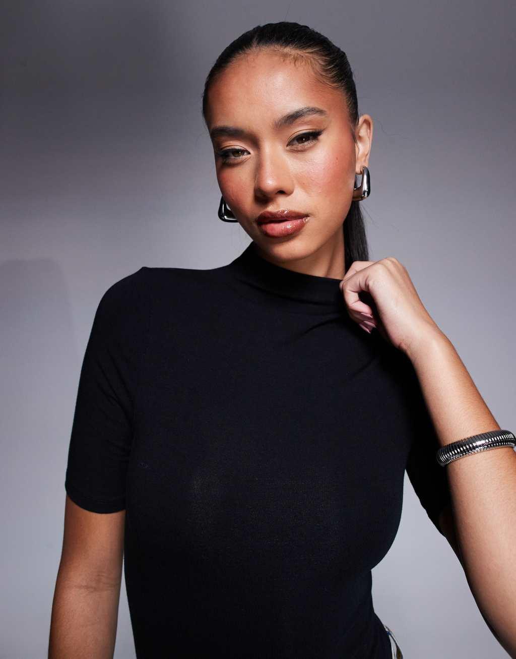 ASOS DESIGN high neck 3/4 sleeve bodysuit in black Product Image