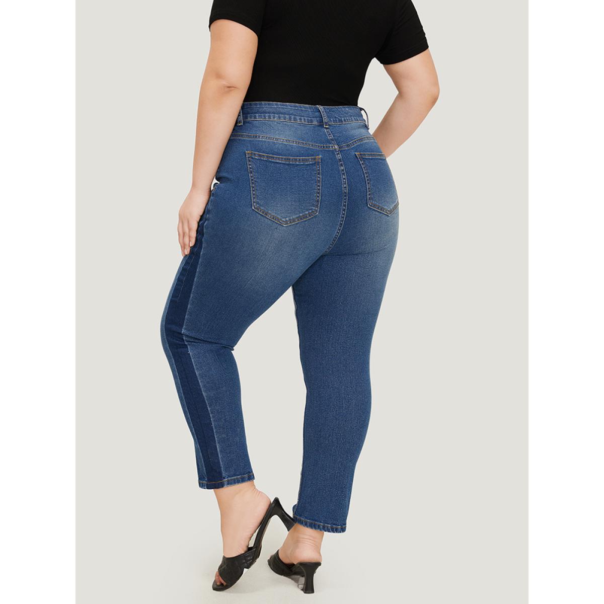 Plus Size Very Stretchy High Rise Medium Wash Contrast Patchwork Jeans Women Blue Casual Patchwork Contrast High stretch Pocket Jeans BloomChic 10/M Product Image
