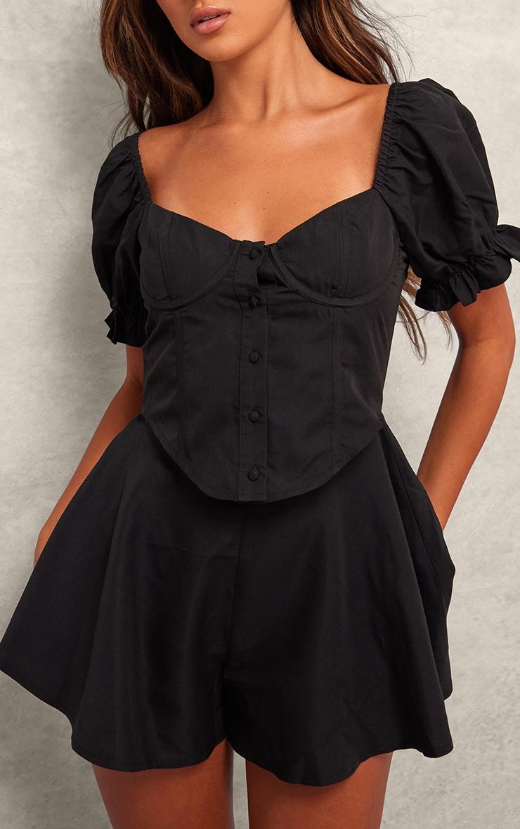Black Tailored Woven Puff Sleeve Corset Romper Product Image